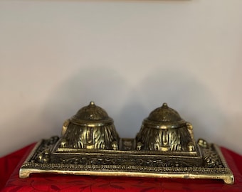 Antique Victorian Brass Double Inkwell with Pen Tray Porcelain Liners Ornate Cast Brass Inkstand Baroque Desk Decor Dark Academia Gift