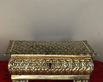 Vintage 1960s Brass Jewelry Box Ornate Baroque Trinket Chest Red Velvet Lined Vanity Decor Hollywood Regency Storage Maximalist Styling