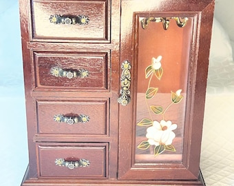 Vintage Wooden Jewelry Box Carousel Floral Glass Door Sankyo Music Movement Trinket Cabinet Organizer Vanity Decor Cottagecore Styling Gift