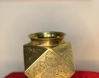 Vintage Chinese Brass Faceted Vase Lin Sen Era 14 Sided Signed Dragon Vase 1920s Republic Period Asian Art Deco