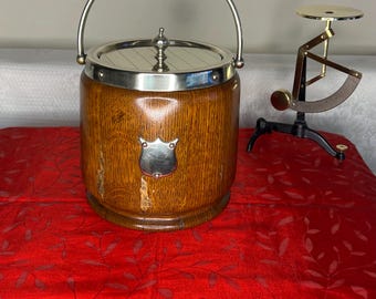 Antique English Oak Biscuit Barrel Silver Plated Trim Porcelain Liner 1920s Edwardian Wooden Biscuit Jar Cookie Jar Kitchenalia