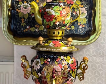 Vintage 1985 Soviet Tula Electric Samovar Set Hand Painted Khokhloma Folk Art Complete Teapot and Tray Russian Slavic Decor Kitchenalia