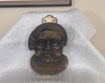 Heavy 1kg Brass Henry VIII Door Knocker 18cm Signed BEL REG Great Britain 1930s Antique Tudor King Bust Solid Cast Door Hardware England