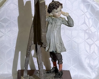Figurine vintage Giuseppe Armani Florence, écolière avec chevalet, statue d'art italien des années 1980, décoration Cottagecore en porcelaine fine de collection