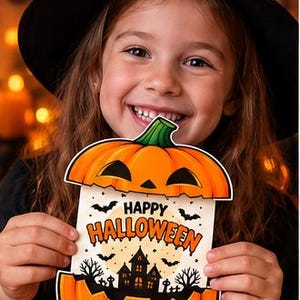May include: A die-cut Halloween greeting card shaped like a jack-o'-lantern with a green stem. The centre features a cream-coloured panel with the text HAPPY HALLOWEEN in orange, a black silhouette of a haunted house, bats, and a full moon.