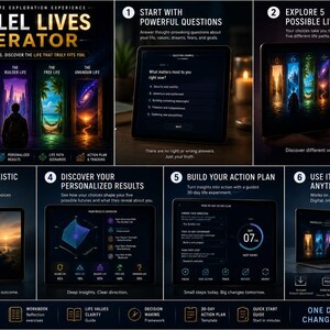 May include: The Parallel Lives Generator is an interactive digital experience featuring six steps. It includes a life path simulation with five distinct futures, a questionnaire, personalized results, an action plan, and multi-device compatibility.
