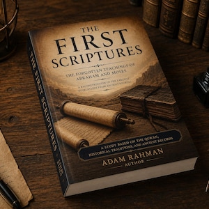 Peut inclure: Un livre intitulé The First Scriptures: The Forgotten Teachings of Abraham and Moses par Adam Rahman. La couverture présente une illustration sépia d'un parchemin ancien et d'un livre relié en cuir sur un fond sombre et texturé.