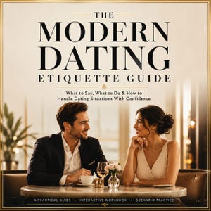 May include: A book cover titled The Modern Dating Etiquette Guide: What to Say, What to Do & How to Handle Dating Situations With Confidence. The cover features a man in a suit and a person in a white top sitting at a table with drinks.