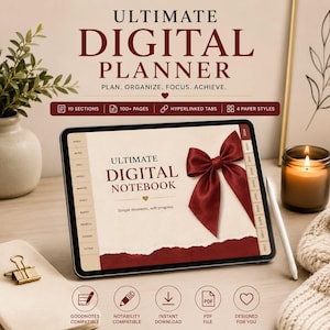 Peut inclure: Une tablette affichant un planificateur numérique sur fond crème, avec un nœud rouge foncé et le texte Ultimate Digital Notebook. L'interface comprend dix onglets hyperliés, plus de 100 pages et quatre styles de papier, avec des icônes indiquant la compatibilité avec Goodnotes et Notability.