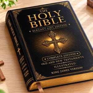 Peut inclure: Une Bible noire à couverture rigide avec des lettres dorées et un emblème de croix central. La couverture indique The Holy Bible Elegant Gift Edition, Complete Edition, Old and New Testaments, Illustrated, King James Version. Les tranches sont dorées.