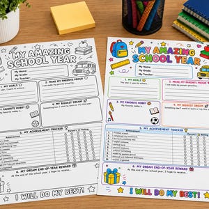 Peut inclure: Deux feuilles d'activités pour l'année scolaire intitulées My Amazing School Year. L'une est en noir et blanc, l'autre en couleur. Elles comportent des sections pour le nom, la classe, l'enseignant, les objectifs, les loisirs, les rêves et un suivi.