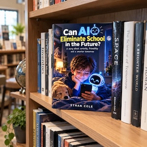 May include: A hardcover book titled Can AI Eliminate School in the Future? by Ethan Cole, featuring an illustration of a child looking at a smartphone with a small glowing robot, accompanied by a golden puppy, resting on a wooden bookshelf.