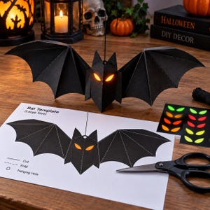May include: A black paper bat craft kit featuring a 3D assembled bat with glowing orange eyes, a printed Bat Template (Large Size) instruction sheet with cut and fold lines, and a sheet of colourful adhesive eye stickers for customisation.