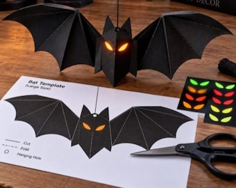 3D Halloween Paper Bat Craft Printable | Hanging Bat Garland with Glowing Eyes | DIY Printable Halloween Decor | Instant Download