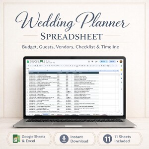 K&ouml;nnte beinhalten: Ein Laptop mit einer Hochzeitsplaner-Tabelle. Der Bildschirm zeigt eine detaillierte Checkliste mit Budget-, Gast-, Anbieter- und Zeitplanabschnitten. Das Bild enth&auml;lt den Text "Wedding Planner Spreadsheet" und Symbole f&uuml;r Google Sheets & Excel, Sofort-Download und 11 Bl&auml;tter.