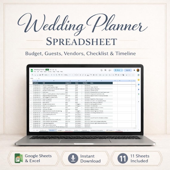Wedding Planner Spreadsheet, Budget, Guest List, Vendor Tracker (Digital Download)