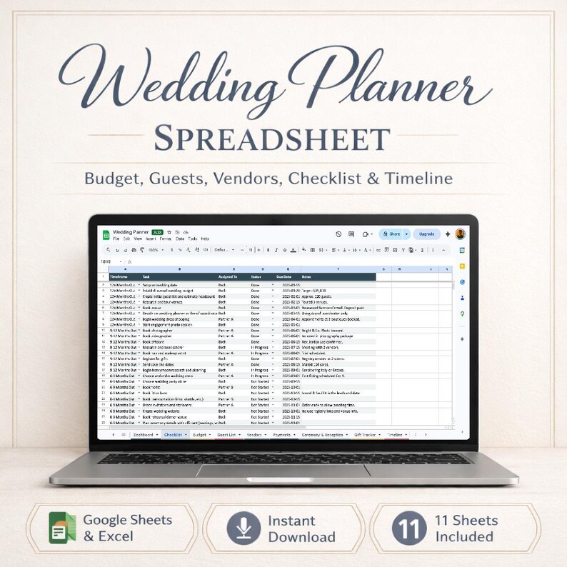 K&ouml;nnte beinhalten: Ein Laptop mit einer Hochzeitsplaner-Tabelle. Der Bildschirm zeigt eine detaillierte Checkliste mit Budget-, Gast-, Anbieter- und Zeitplanabschnitten. Das Bild enth&auml;lt den Text "Wedding Planner Spreadsheet" und Symbole f&uuml;r Google Sheets & Excel, Sofort-Download und 11 Bl&auml;tter.