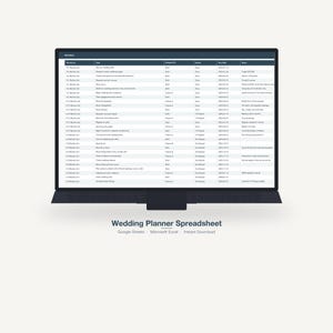K&ouml;nnte beinhalten: Ein schwarzer Laptop zeigt eine Hochzeitsplaner-Tabelle mit Spalten f&uuml;r Aufgaben, Verantwortliche und F&auml;lligkeitstermine. Der Text "Wedding Planner Spreadsheet" steht unter dem Laptop, mit "Google Sheets, Microsoft Excel, Instant Download" darunter.
