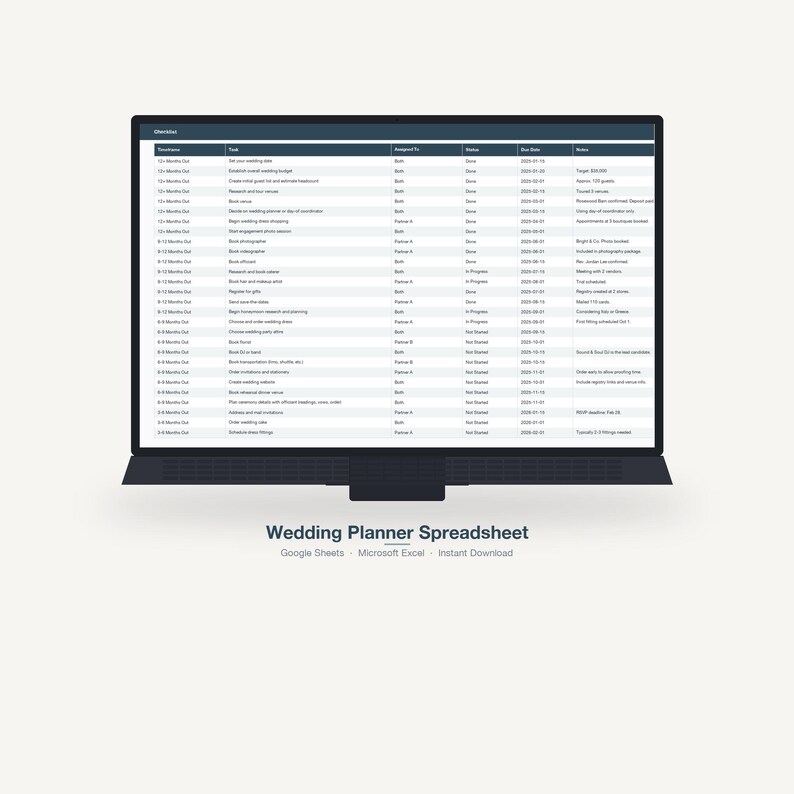 K&ouml;nnte beinhalten: Ein schwarzer Laptop zeigt eine Hochzeitsplaner-Tabelle mit Spalten f&uuml;r Aufgaben, Verantwortliche und F&auml;lligkeitstermine. Der Text "Wedding Planner Spreadsheet" steht unter dem Laptop, mit "Google Sheets, Microsoft Excel, Instant Download" darunter.
