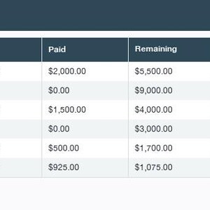 K&ouml;nnte beinhalten: Eine detaillierte Hochzeitsbudget-Tabelle mit Kategorien wie Veranstaltungsort, Catering und Fotografie. Die Tabelle enth&auml;lt gesch&auml;tzte, tats&auml;chliche, bezahlte und verbleibende Betr&auml;ge sowie Namen der Anbieter und F&auml;lligkeitstermine. Der Titel "Budget" steht oben.