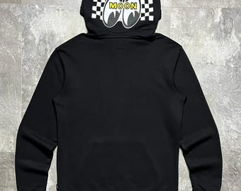 Vans Mooneyes Hoodie Black Pullover Size S, Vans x Mooneyes Graphic Sweatshirt, Hot Rod Car Culture Streetwear, Checkerboard Hood Print