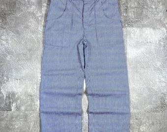 80s 70s Vintage German French Workwear Pants, Hickory Striped Cotton Chore Trousers, Blue Striped Carpenter Baker Pants W32-W40 90s