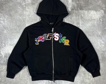 Trapstar Zip Up Hoodie Black Chenille Patch Streetwear Multi Color Letter Graphic Hooded Sweatshirt Y2K Hypebeast Tracksuit Size L