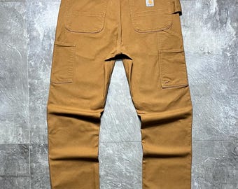 Vintage Carhartt Rugged Flex Straight Fit Pants 34x32 Tan Duck Canvas Carpenter Work Trousers, Men's Workwear, Heavy Duty Cotton Pants, Beig