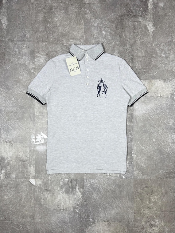 Vivienne Westwood Man, Rare Vivienne Westwood Man FW2011 Runway Chaos Collar Polo Shirt, Archival Gray Designer Top, Vintage High Fashion Size XL