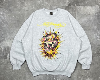 Vintage Ed Hardy Sweatshirt Grey XXL Big Skull Graphic Crewneck Christian Audigier Y2K Streetwear Cyber Grunge Tattoo Art Pullover Men