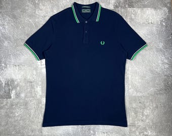 Vintage Fred Perry Special Edition Polo Shirt Navy Blue Green Tipping Made in Italy Size 46 XL Men's Retro Laurel Wreath Cotton