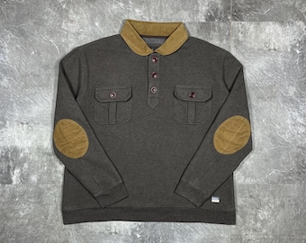 Barbour Men's XXL Sweatshirt with Corduroy Collar & Elbow Patches, Grey Quarter Button Pullover, Premium British Heritage Style
