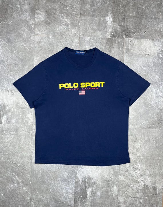 Vintage Polo Sport Ralph Lauren T Shirt Navy Blue Spell Out USA Flag Size 1XB Big and Tall Graphic Tee 90s Sportswear