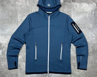 Vintage Ortovox Zip Fleece Merino Wool Inside Hoodie Outdoor Midlayer, Mountain Gear,Hiking Jacket, Merino Inside, Blue Sportswear, size L