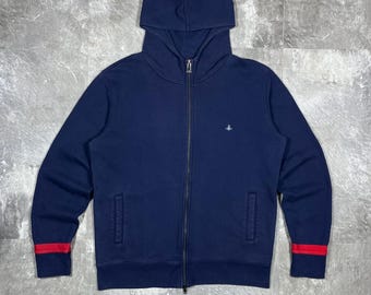 Vivienne Westwood Zip Up Hoodie Vintage Blue Men's Size XL Designer Full Zip Sweatshirt Hooded Jacket with Red Stripes, Embroidered Old logo