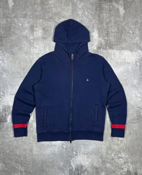Vivienne Westwood, Vivienne Westwood Zip Up Hoodie Vintage Blue Men's Size XL Designer Full Zip Sweatshirt Hooded Jacket with Red Stripes, Embroidered Old logo