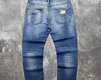 Vintage Dolce Gabbana vervaagde denim jeans metalen logo (maat 36) Y2K rechte pijp D&G iconische metalen logoplaat gemaakt in Italië