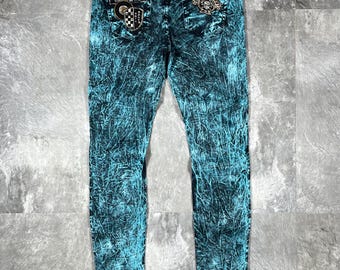 Robins Jean Womens Acid Wash Jeans, Turquoise Teal Biker Punk Denim Pants, Y2K Grunge Skull Patchwork Skinny Jeans W31