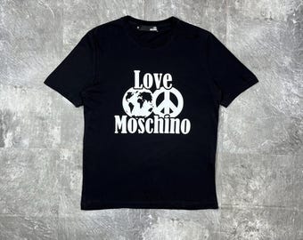 Vintage Love Moschino Black T-Shirt Size M, Earth Peace Graphic Tee, Moschino Milano Distributed by Sinv, Designer Streetwear Black Top
