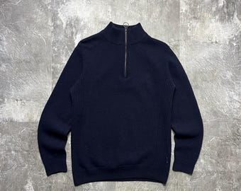 Barbour 100% Wool Quarter-Zip Sweater, Navy Blue Men's Pullover with Tartan Elbow Patches, Country Style Jumper, Size Medium, Luxury Knitwea