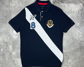 Tommy Hilfiger Vintage Polo Shirt Men XL Slim Fit Navy Blue Ivy League Prep Aesthetic NYC 85 Embroidered Crest Patch Detailed Polo Big Logo