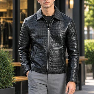 Men's Black Crocodile Embossed Leather Jacket, Python Texture Luxury Biker Coat, Moto Streetwear