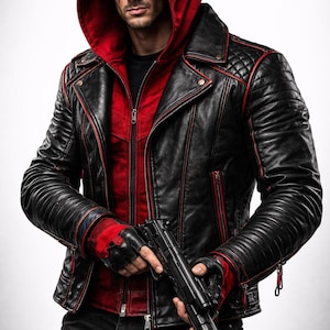 May include: A black leather motorcycle jacket with red piping, quilted shoulder panels, and silver zippers, worn over a red hooded shirt. The outfit includes black fingerless gloves and a black mask. Text reads: Handmade by Minos Leather Cosplay 1 June 2026.