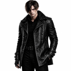 May include: Black leather jacket with a faux fur collar. The jacket has a double-breasted design with multiple buttons, a belt, and wrist straps. The jacket is worn over a black shirt and trousers.