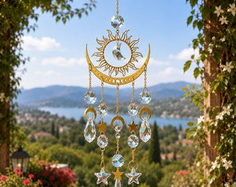 Star Moon Wind Chime, Crystal Sun Catcher, Rainbow Suncatcher, Celestial Window Hanging, Boho Garden Decor, Outdoor Ornament Gift Prism Deco