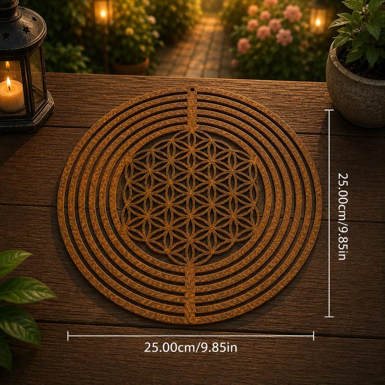 Rustic Metal Wind Spinner Flower of Life Decor, Outdoor Wind Spinner, Hanging Garden Decor, Boho Garden Art, Metal Spiral Decor FLOWER OF LIFE