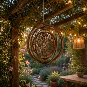 May include: A hanging spherical sculpture constructed from multiple interlocking wooden rings. The center features a detailed laser-cut geometric pattern known as the flower of life, composed of numerous overlapping circles within a circular frame.