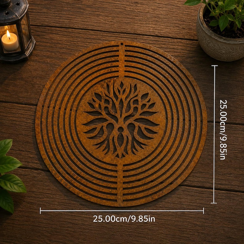 Rustic Metal Wind Spinner Flower of Life Decor, Outdoor Wind Spinner, Hanging Garden Decor, Boho Garden Art, Metal Spiral Decor TREE OF LIFE