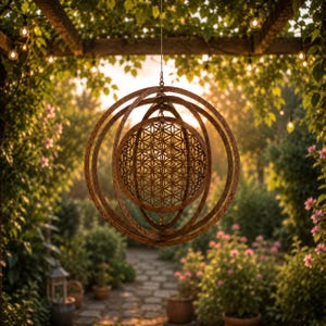 May include: A hanging metal kinetic sculpture featuring concentric rings surrounding a central sphere with a laser-cut flower of life geometric pattern. The object has a weathered, rusted brown finish and is suspended by a thin wire.