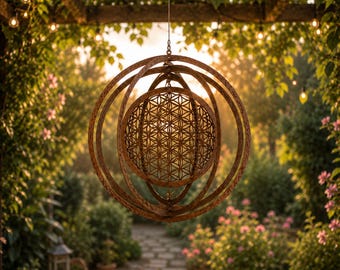 Tour à vent en métal rustique, décoration fleur de vie, girouette extérieure, décoration de jardin suspendue, art de jardin bohème, décoration spirale en métal